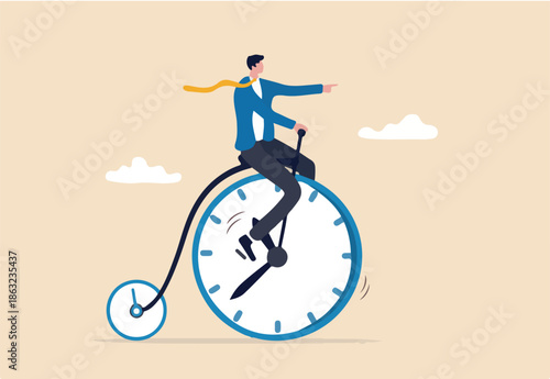 Productivity or efficiency spending time to finish work, time management or work life balance concept, businessman riding vintage bicycle with front wheel as clock and small wheel as stopwatch timer.