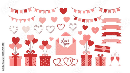 Love in Details: a compilation of Valentine's day elements, a harmonious blend of hearts, ribbons, presents, balloons, and an envelope whispering love you. Designed for the season of love.