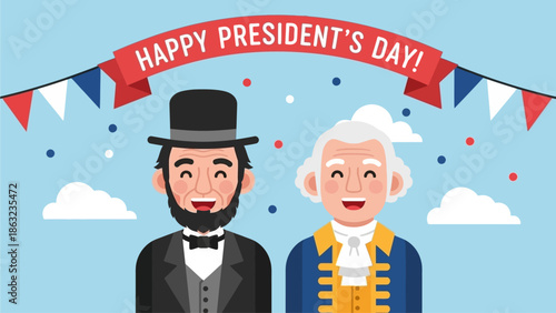 Flat design, Cute Cartoon Abraham Lincoln and George Washington, President's Day. Flat design, Cute Cartoon Abraham Lincoln and George Washington, President's Day