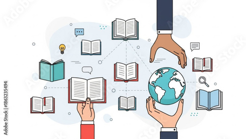 Global education and knowledge sharing concept with hands holding books and globe