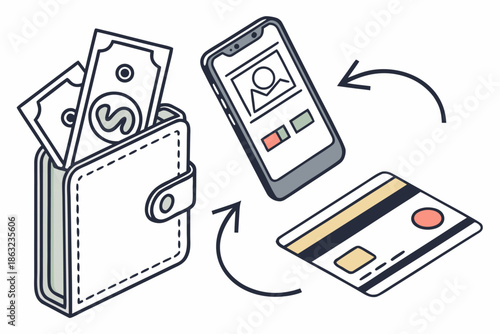 Digital payment and money transfer illustration showing wallet smartphone and bank card exchange concept