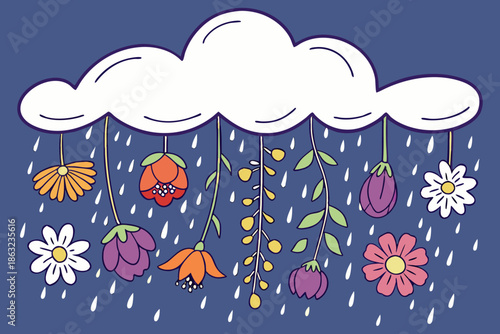 Cute illustrated cloud with hanging flowers and falling rain creating playful nature themed cartoon artwork