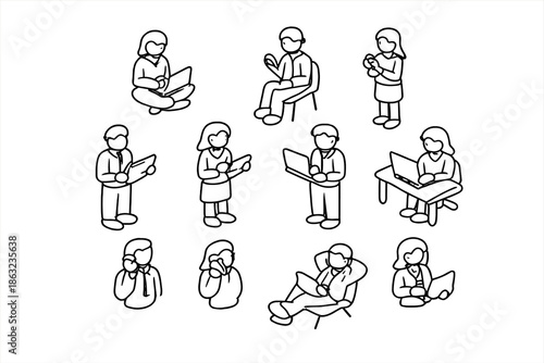 Collection of cartoon people using laptops and phones