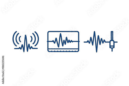 Abstract waveform icons with blue neon glow on grey background