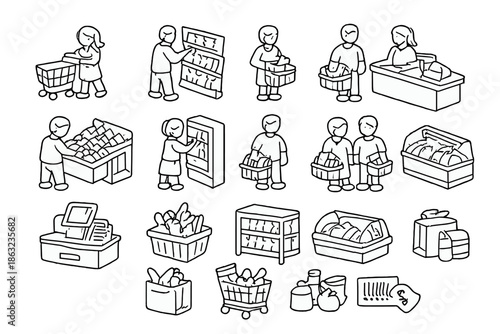 Grocery Store Scene with Shoppers and Products