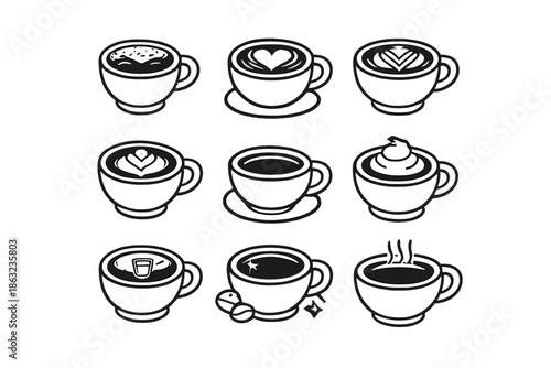 Collection of Coffee Cups with Latte Art and Cream