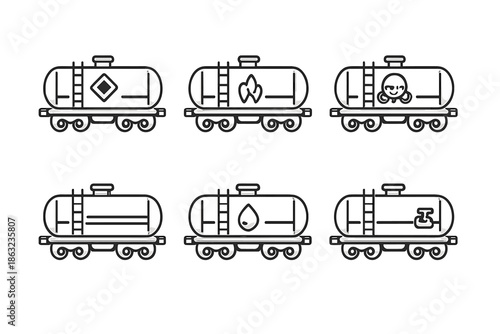 Set of stylized tanker train cars with various hazardous material symbols