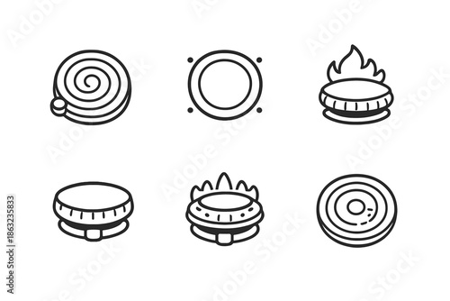 Set of 6 outlined icons of gas stove burners on a gradient background