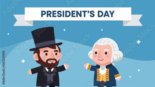 Flat design, Cute Cartoon Abraham Lincoln and George Washington, President's Day. Flat design, Cute Cartoon Abraham Lincoln and George Washington, President's Day
