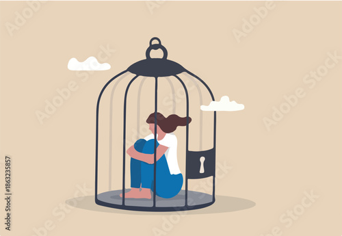 Stuck or trapped, fixed mindset or metal illness problem, anxiety or depression, solitude and loneliness, fear to get outside concept, depressed woman lock herself sit inside birdcage