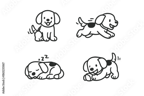 Four playful cartoon puppies in different poses