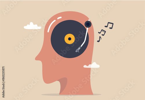 Listen to music while study or working, melody to relax or enjoy life, psychology or chill music help emotional concept, human head with vinyl record playing song in his head metaphor of music lover.