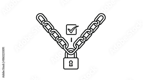 A black and white illustration of a chain padlock and a checked box icon