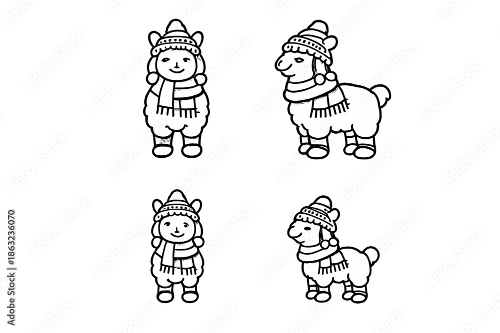 Fototapeta premium Cute winter llama and child characters