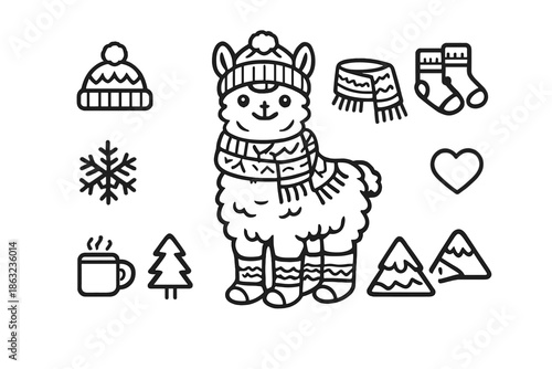 Cute Winter Llama Icon Set