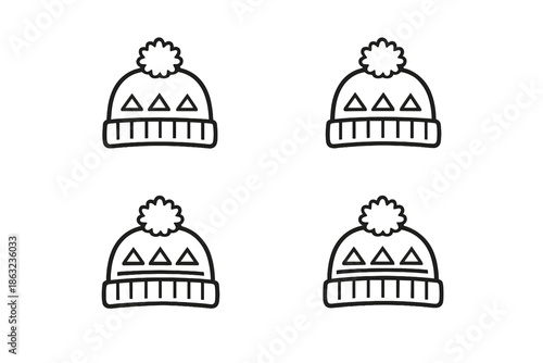 Four beanie hats with triangle pattern on a gradient background