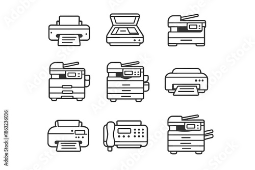 Set of nine office machine icons on a gradient background