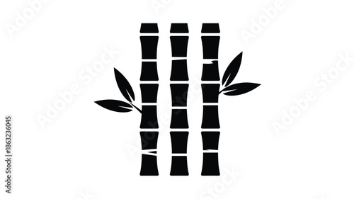 Simple black and white illustration of several bamboo stalks with a few leaves
