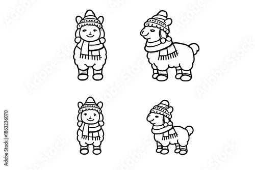 Cute winter llama and child characters