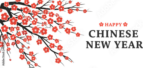 Happy Chinese New Year vector greeting card featuring red plum blossoms on a black branch with bold typography.