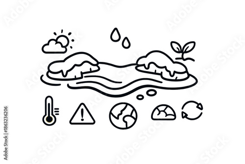 Climate change icons on yellow background