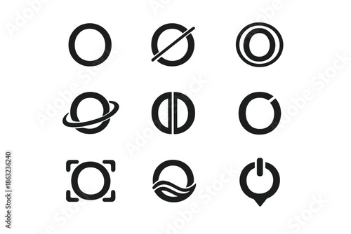 Collection of nine minimalist dark gray icons arranged in a 3x3 grid against a gradient background