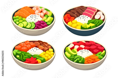 Four colorful poke bowls arranged on a gradient background