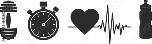 A collection of fitness icons including a dumbbell stopwatch heart heartbeat and water bottle on transparent background high-quality professional detailed