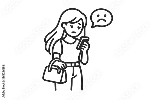 Sad woman looking at phone with disappointed emoji