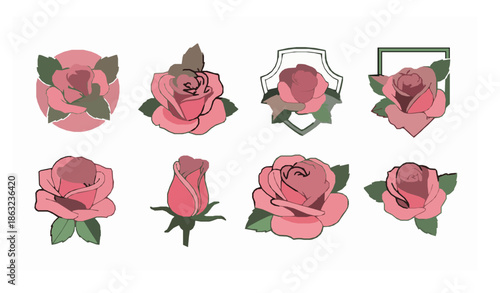 Rosa Damascena floral logo icon set elegant vector illustration