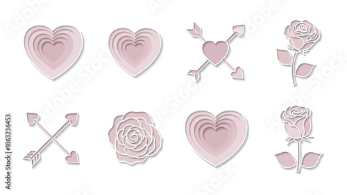 Romantic Emblems: A charming collage of romantic symbols, including layered hearts, cupid's arrows and delicate roses. conveying love and passion.