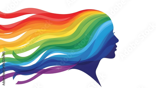 Abstract Female Silhouette with Colorful Rainbow Flowing Hair, Transparent Background, PNG Image for Beauty, Diversity, and Creative Design Projects
