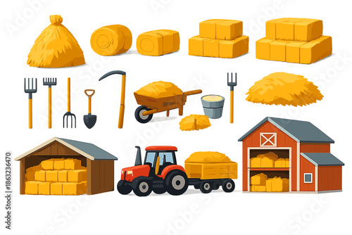 Farm life cartoon illustration with tractor and barn
