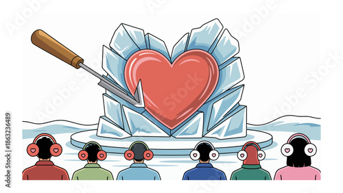 Artistic Carving of Heart: A striking artistic rendering depicts a large red heart being carved from a block of ice, symbolizing the act of giving one's heart, with a group of observers in awe.