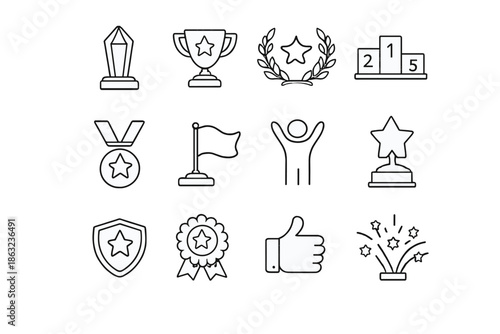 Set of white line art icons for achievements and awards on a gray background