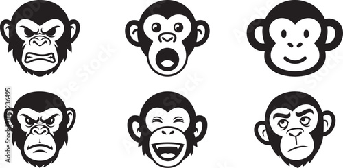 A collection of six expressive monkey faces displaying various emotions