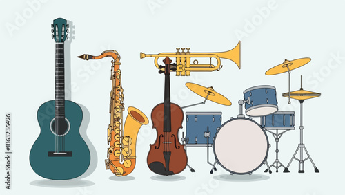 Assorted Musical Instruments Displayed Together Including Guitar Saxophone Violin Trumpet and Drums