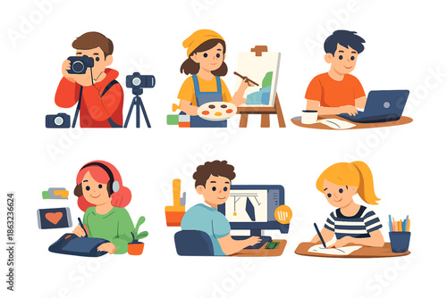 Diverse creators working on different artistic projects