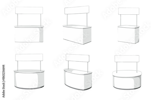 Six white promotional stands with blank banners and shelves, arranged in two rows of three
