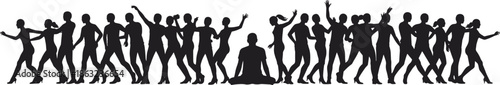 Silhouette crowd of people walking and dancing around a meditating person, concept of mindfulness, peace, and chaos illustration