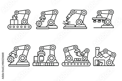 Robotic arms in factory line with different actions