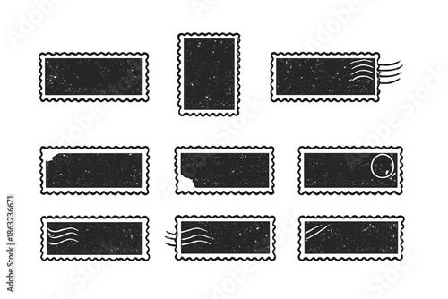 Nine postage stamps in a grid on a dark background