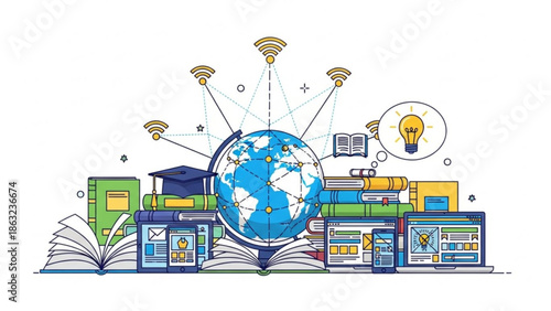 E learning concept with globe, books, laptops and digital connectivity symbols