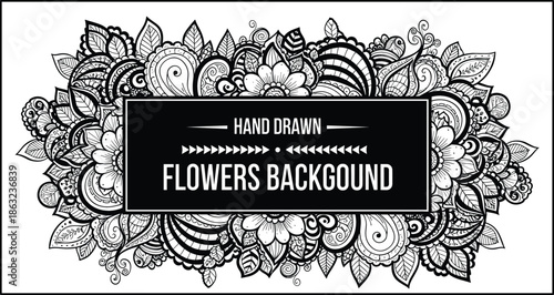 Intricate hand drawn black and white floral doodle background featuring a central rectangular frame for text or branding.