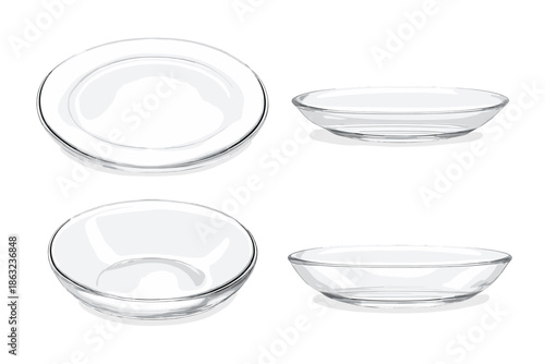 Four Clear Glass Bowls and Plates in Different Angles