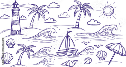 Hand Drawn Lighthouse Beach Ocean Doodle Landscape Line Sketch Vector Illustration