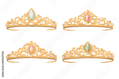 Four golden tiaras with precious gems on a soft gold background