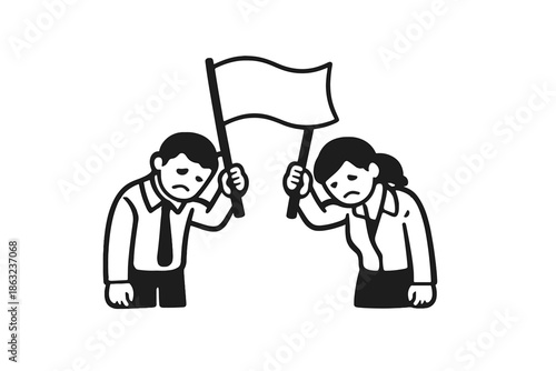 Sad business people holding a white flag