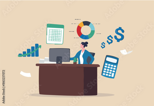 Accountant calculate tax, finance or accounting document, manage invoice, office financial chart and graph, money report or balance audit concept, businesswoman accountant working in the office
