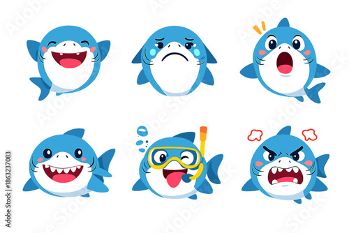 Cute Baby Shark Characters with Different Emotions